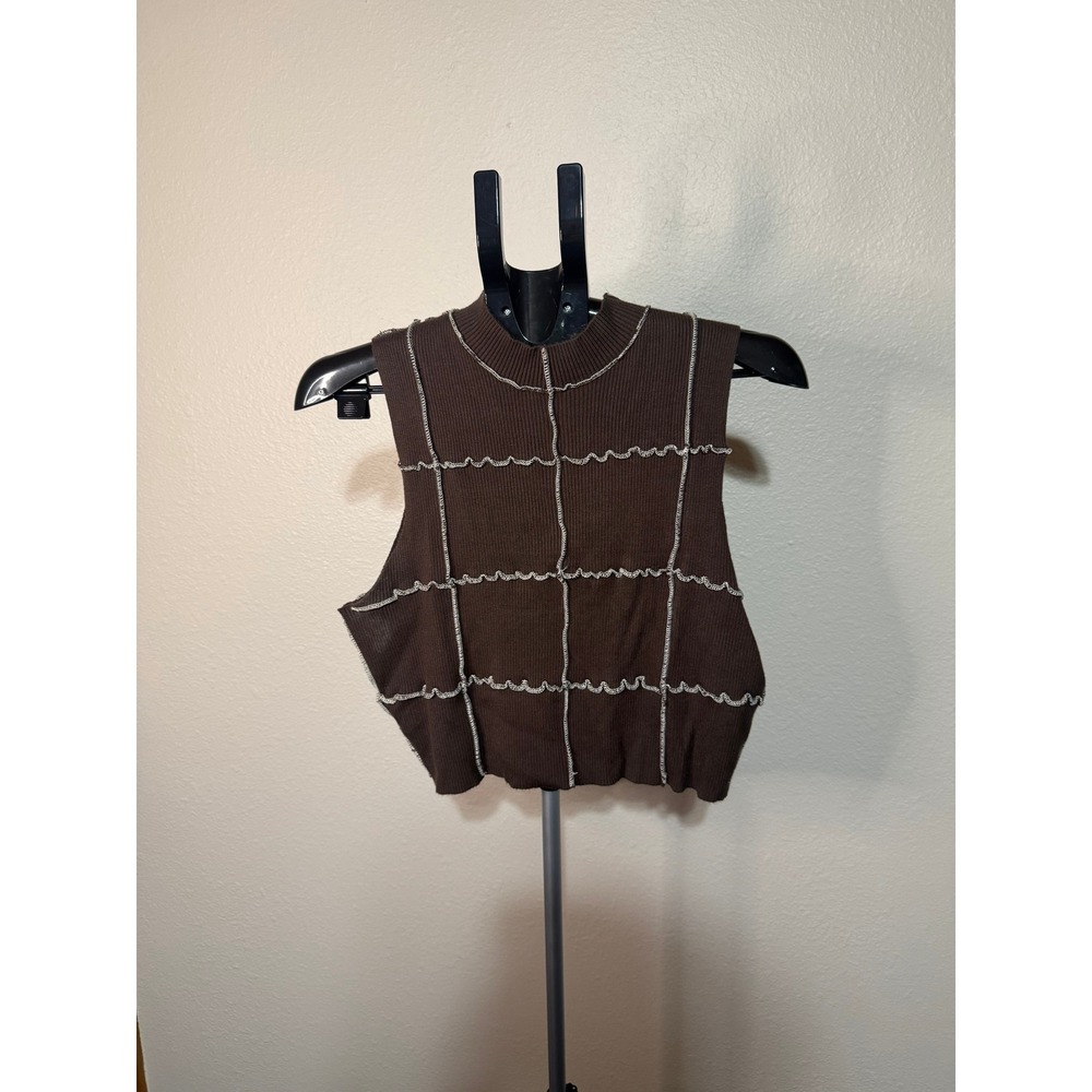 Garage Brown Ribbed Knit Mock Neck Sleeveless Crop Top Exposed Seams XL